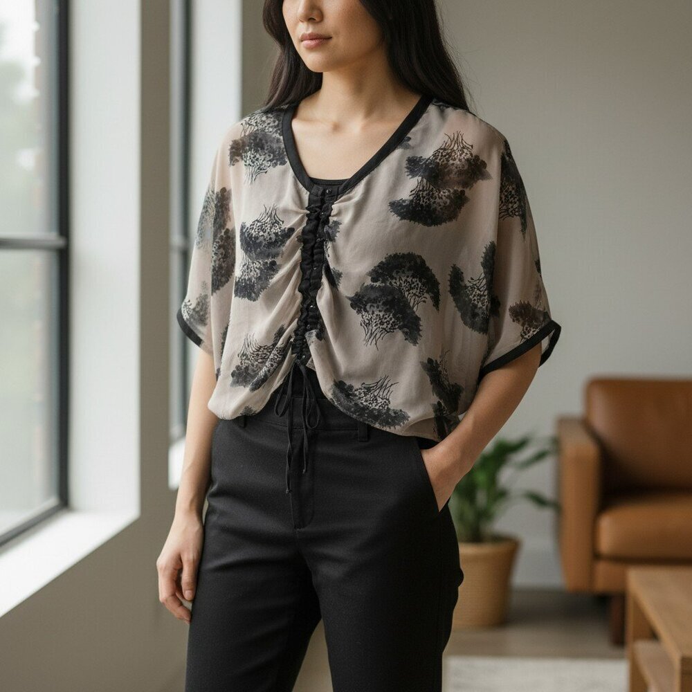 Apostrophe XS Gray 3/4 Sleeve Scoop Neck Sheer Top
